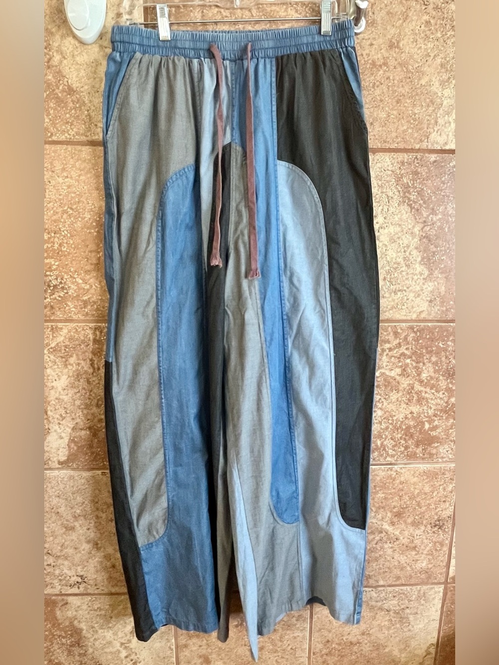 Ces Femme Boho Cottagecore Color-block Wide-Leg Drawstring Denim Pants NWT Sz L